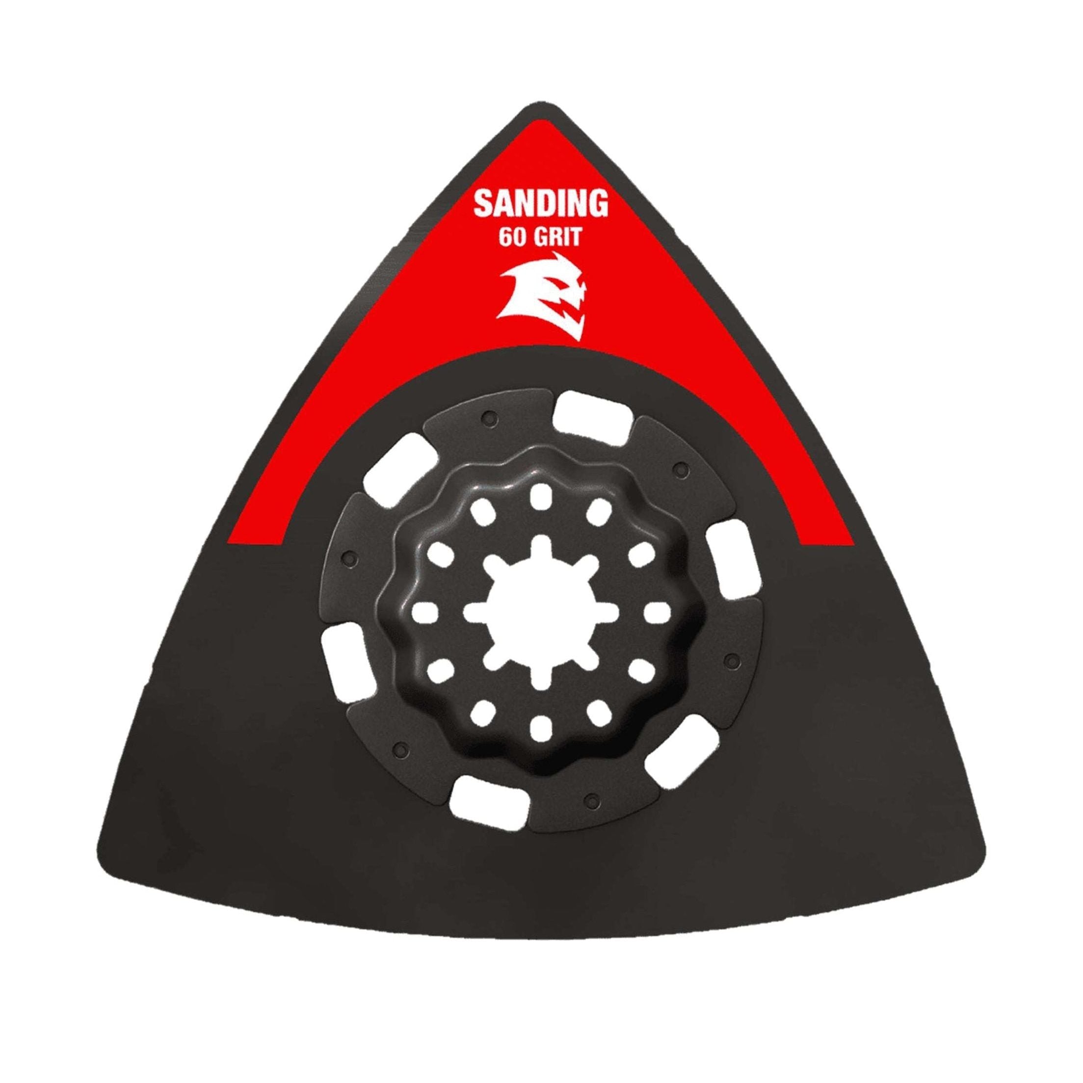 The DIABLO DOS60CGSP 3-1/2 in. 60-Grit Starlock Oscillating Sanding Plate by Diablo features a triangular shape with a central metal mount, black pad with red Sanding 60 Grit label, and durable carbide grit.
